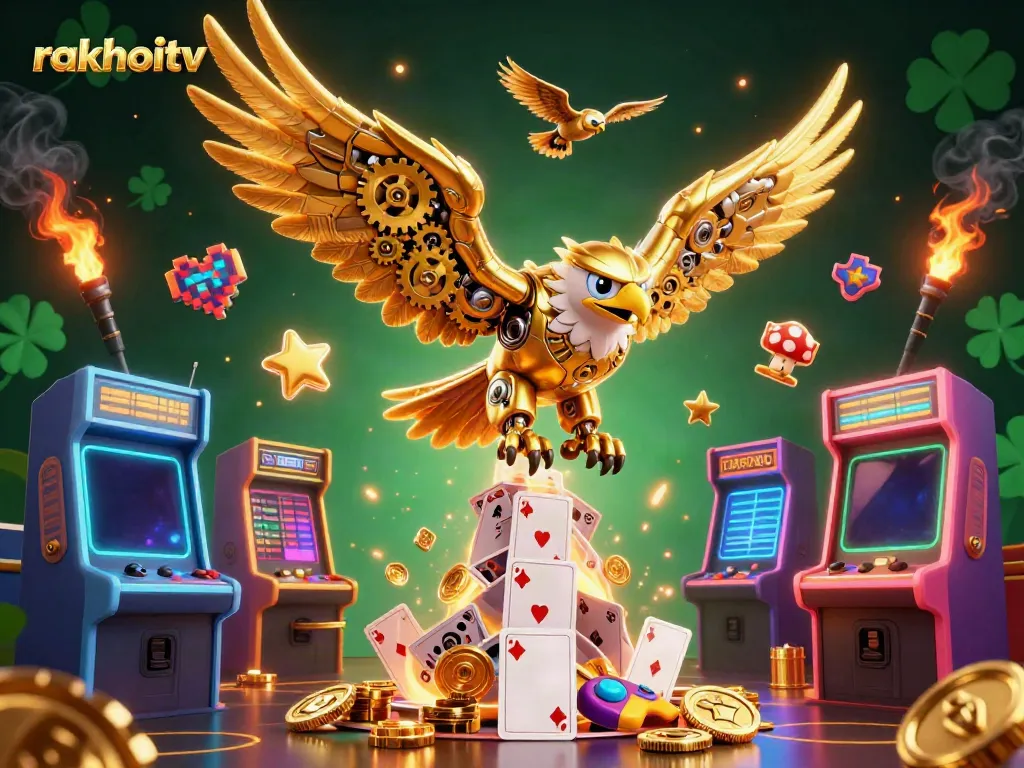 Experience the thrill of rakhoitv with a dynamic illustration showcasing a cartoon golden eagle amidst vibrant gaming elements.