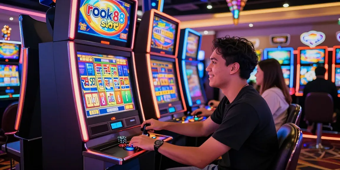 Exciting gaming moment at the rokok88 slot machine in a vibrant casino atmosphere.