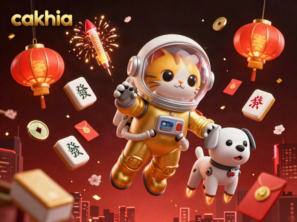 Experience cakhia's vibrant online gaming atmosphere with a golden astronaut cat and casino elements.