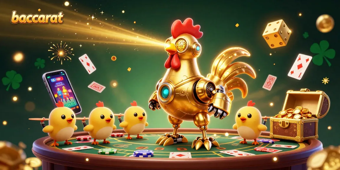 Baccarat-themed illustration showcasing a futuristic rooster robot with playful chick drones amidst flying cards and chips.