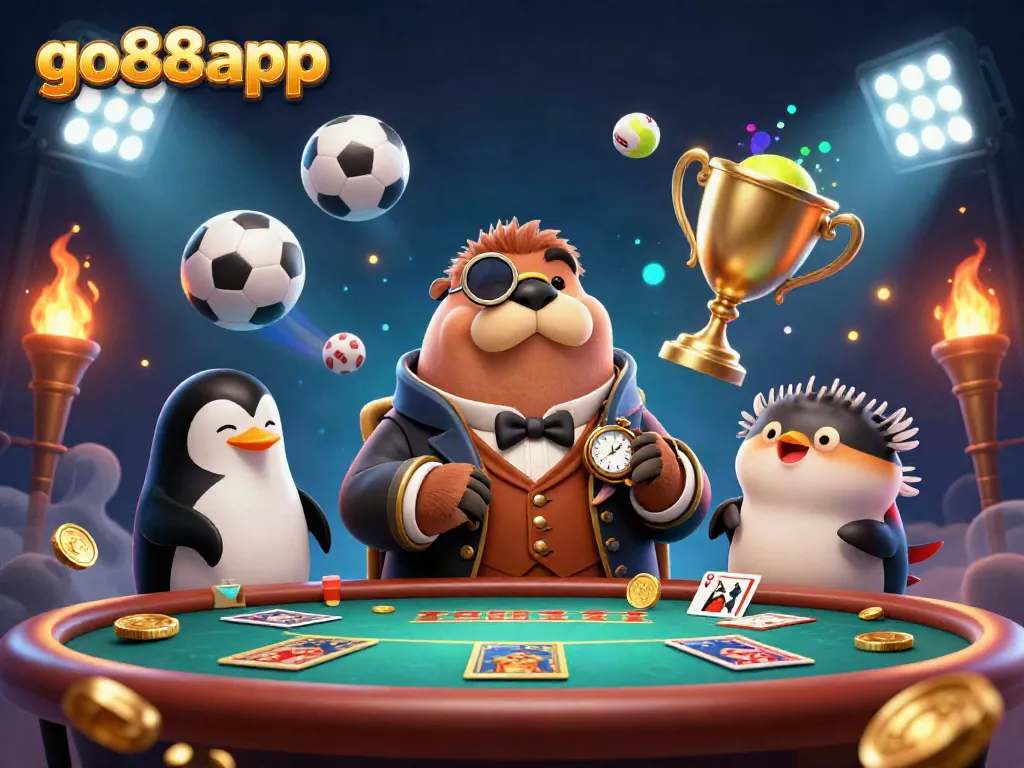 Engage in thrilling bets at go88app with jolly characters amidst an underwater poker showdown.