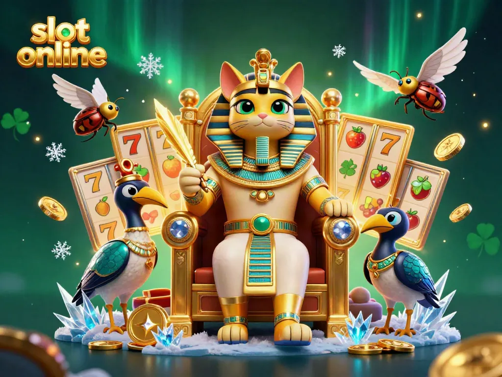 Engage with stunning slot online graphics showcasing a pharaoh cat on a throne, surrounded by vibrant game elements.