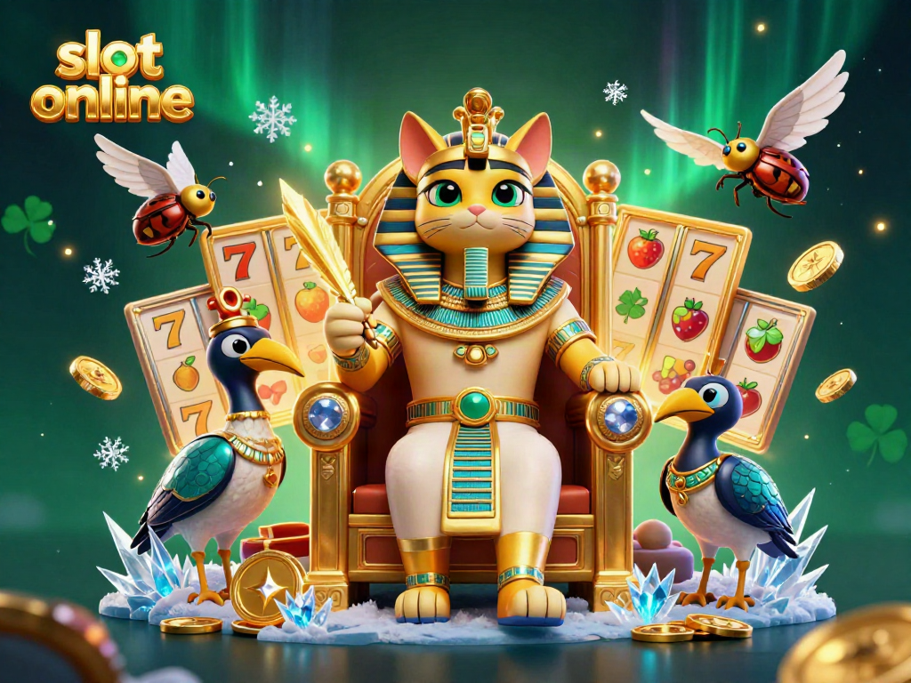 Engage with stunning slot online graphics showcasing a pharaoh cat on a throne, surrounded by vibrant game elements.