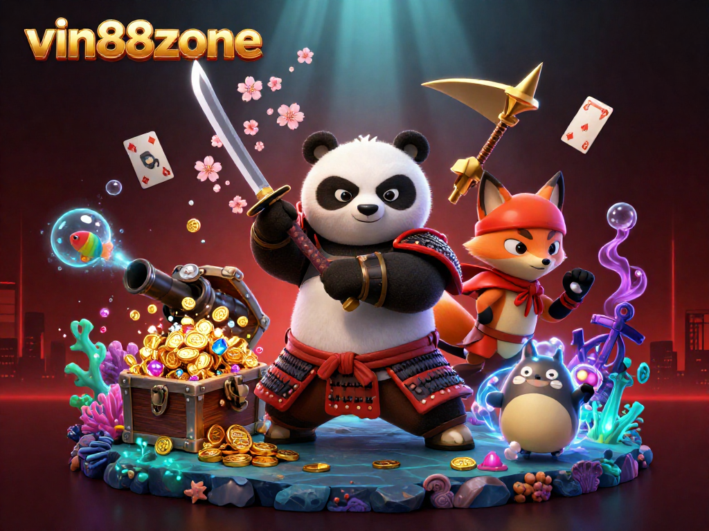 Experience the excitement of vin88zone with a dynamic 3D casino scene featuring samurai and fox characters.