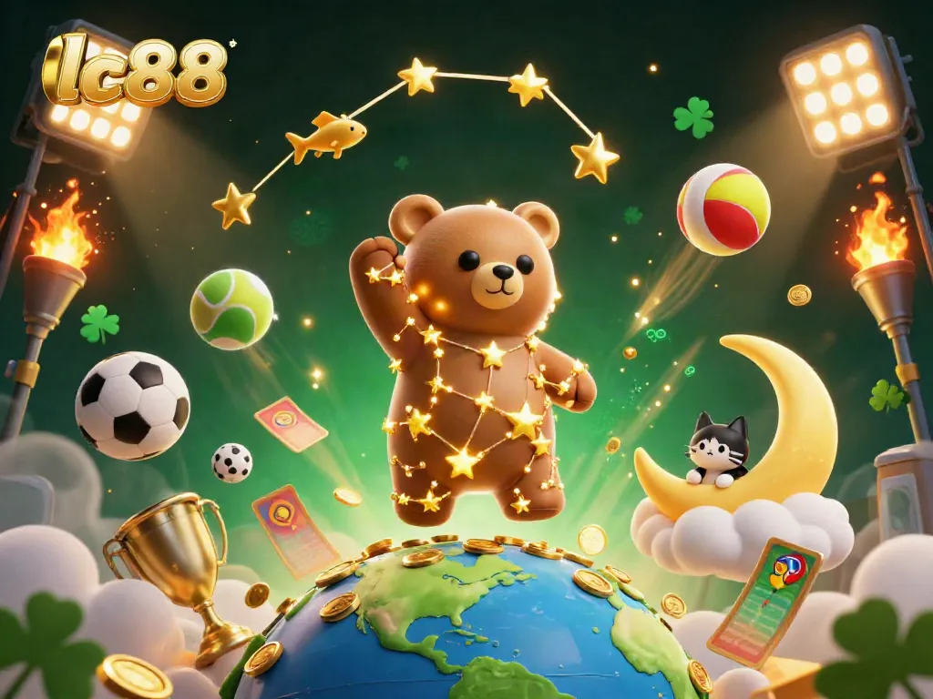 Engage in thrilling fun at lc88 with golden star bear and shooting star fish amid a vibrant casino scene.