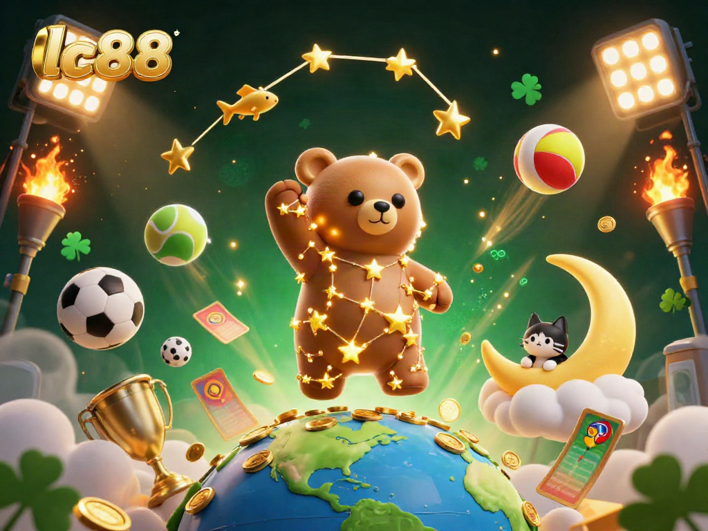 Engage in thrilling fun at lc88 with golden star bear and shooting star fish amid a vibrant casino scene.
