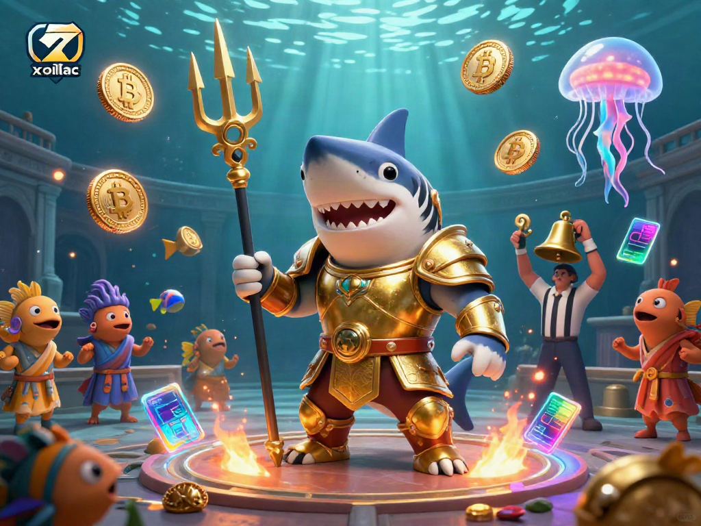 Xoilac showcases a tiger shark gladiator in a vibrant underwater colosseum filled with glowing crypto coins.