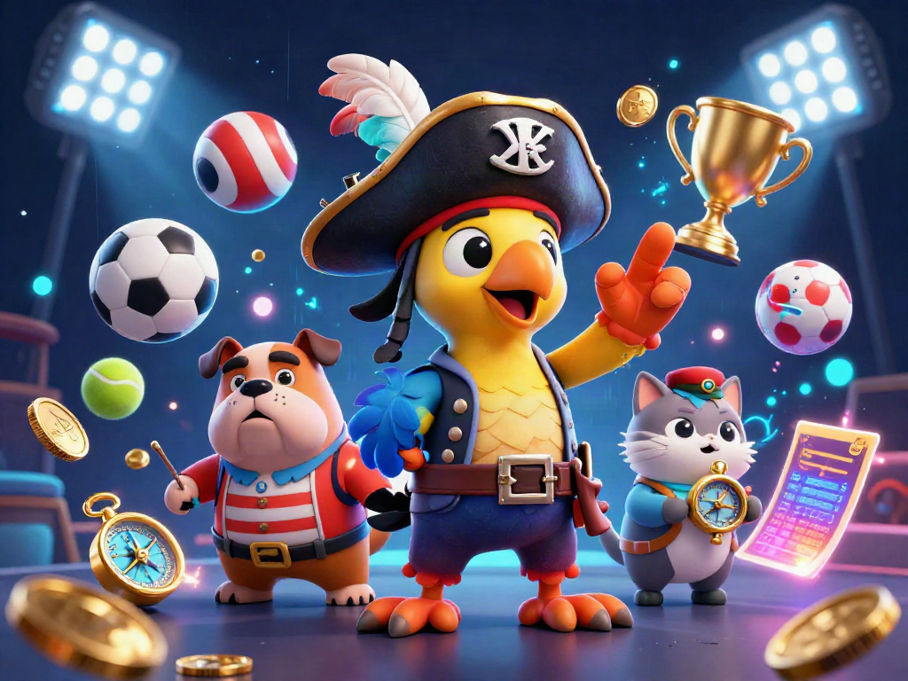 Xoilac streaming live sports, featuring 3D pirate captain and dog, with sports elements and vibrant visuals.