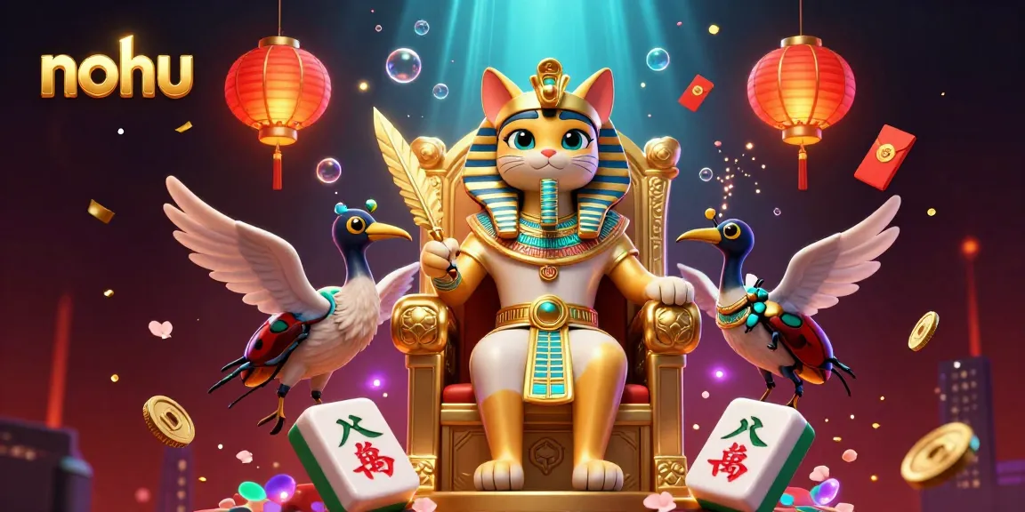 Nohu brings excitement with a rich 3D casino scene featuring a pharaoh cat, ibis, and festive elements.