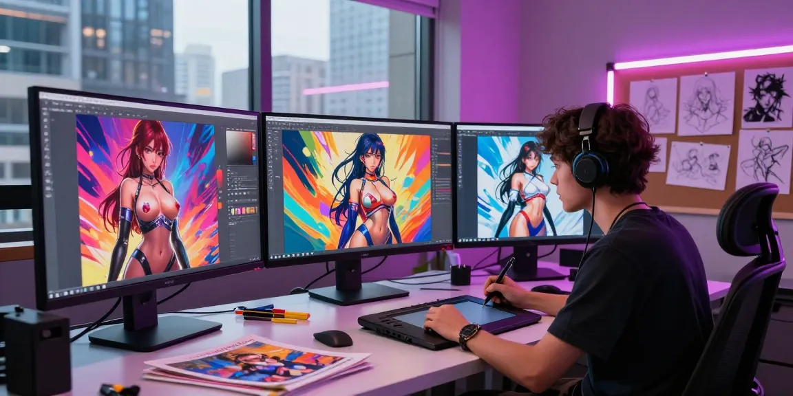 AI hentai artist in vibrant studio creating digital art on multiple screens
