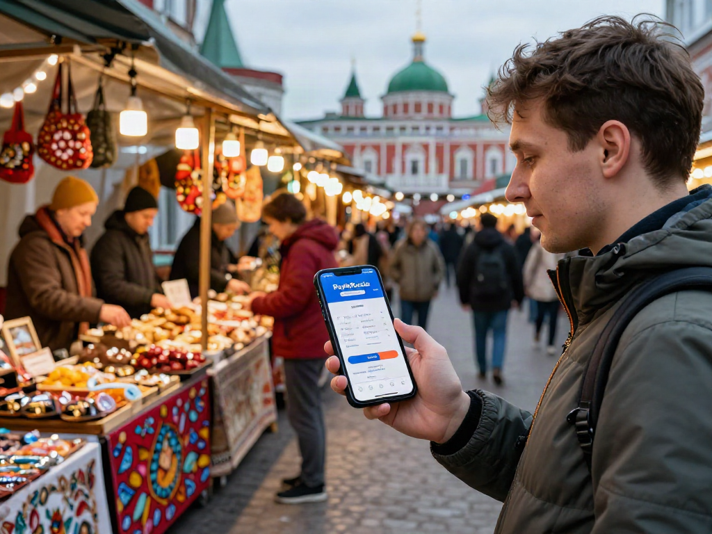 Pagando en Rusia con la app PayInRussia en un mercado local vibrante.