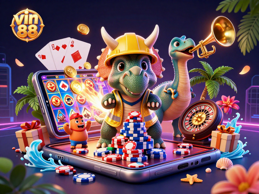 vin 88 celebrates casino gaming with a triceratops building poker chips amidst vibrant slots and cards