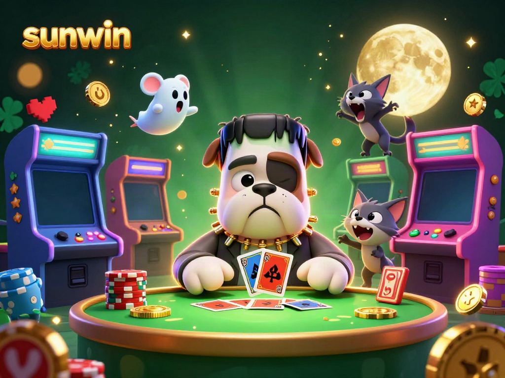 sunwin's exciting card game scene with a Frankenstein bulldog, ghost mouse, and werewolf kitten at a casino table